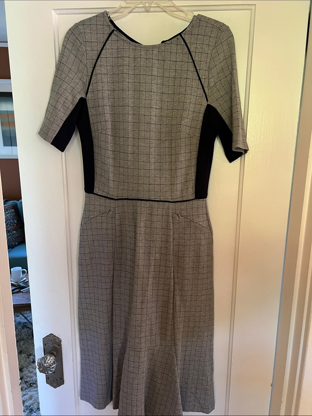 Betabrand Gray Plaid Midi Dress with Black Panels